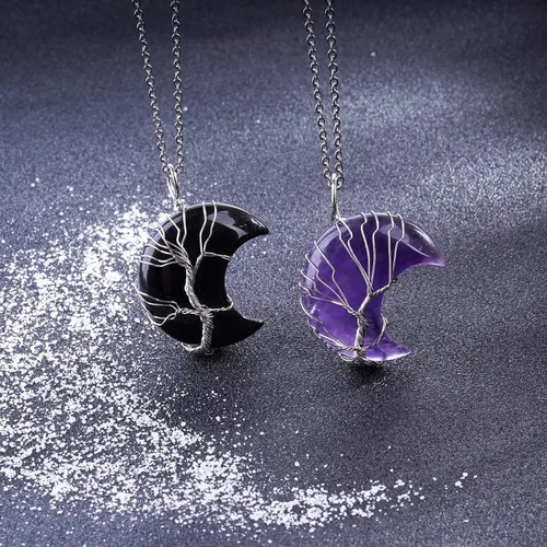 Vista 3 de ASGIFT Collar de luna creciente envuelto en alambre de árbol de la vida, 2 piezas de piedra de cristal curativo, joyería para mujeres y niñas, Acero