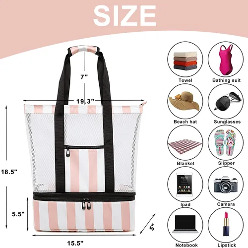 Vista 6 de Bluboon Bolsa de playa de malla con enfriador aislante, bolsas de piscina desmontables para mujer