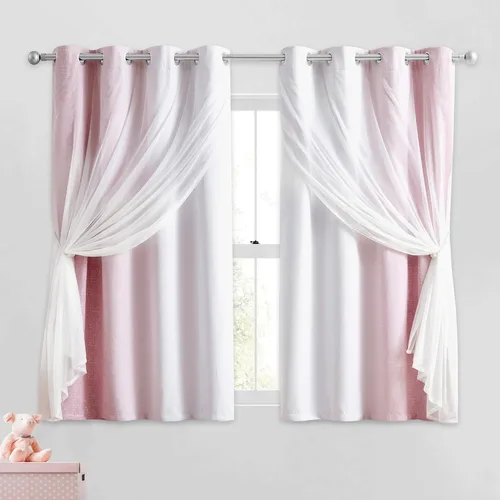 Vista 28 de Cortinas 100% opacas con superposición de gasa Mix and Match de doble capa, 54 pulgadas de largo, 2 paneles para dormitorio y sala de estar, azul