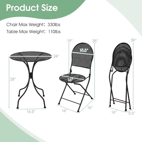 Vista 5 de Giantex Juego de mesa de comedor de 3 piezas, juego de mesa de comedor al aire libre para 2, 1 mesa redonda con 2 sillas plegables, resistente al