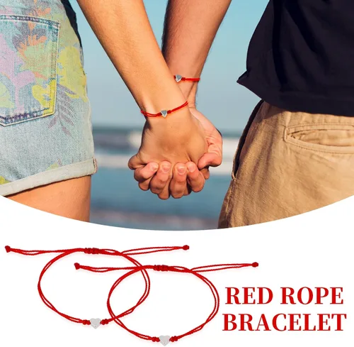 Vista 4 de Yolev 2 pulseras de cuerda roja para protección, pulseras de corazón a juego, pulseras de amistad, pulseras de amistad hechas a mano, pulseras