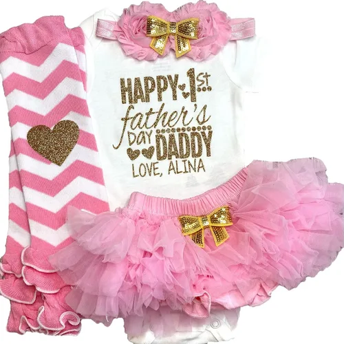 Vista 10 de Regalo personalizado para el Día del Padre, traje de bebé niña con nombre personalizado rosa y dorado opcional tutú Bloomers diadema y calentadores