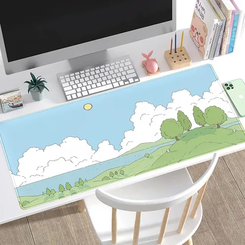 Vista 2 de Linda Alfombrilla de Escritorio de Anime Kawaii, Alfombrilla de Escritorio XXL de Estética Urbana de Anime, Dibujo Lo-fi Japonés/Coreano, Linda