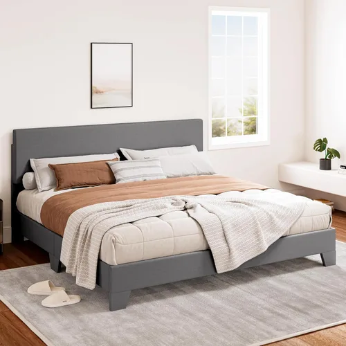 Vista 9 de SHA CERLIN - Base de cama tapizada tamaño King en color gris claro con cabecero ajustable, soporte de listones de madera, no necesita somier, fácil