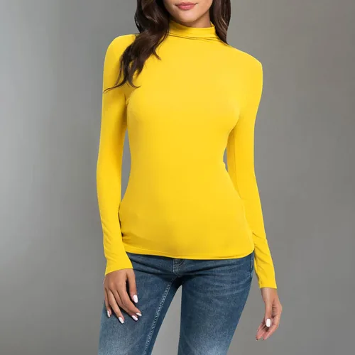 Vista 2 de Camisas de manga larga con cuello de tortuga para mujer, color sólido, túnicas básicas y cómodas, blusas de ocio
