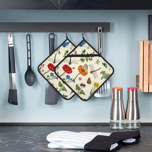 Vista 5 de Juego de 2 soportes para ollas de libélula de primavera con diseño de hojas de helecho botánico para cocina, decorativas, resistentes al calor