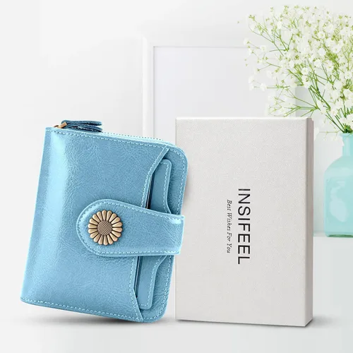 Vista 7 de INSIFEEL Billetera pequeña para mujer, bolso compacto de cuero con bloqueo RFID RFID para mujer, Azul claro, Retro