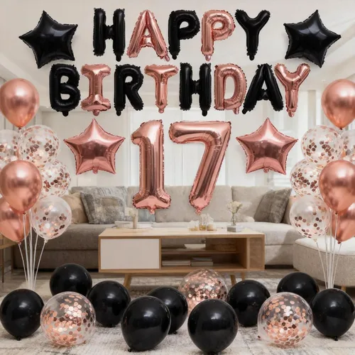 Vista 2 de Decoraciones de cumpleaños número 17 para niñas, pancarta de cumpleaños número 17 color negro y rosa dorado con estrella número 17, globos