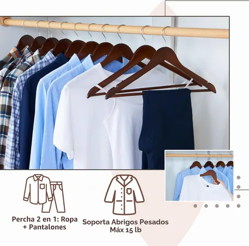 Vista 7 de Perchas de madera, paquete de 20 perchas con acabado extra suave, muescas cortadas con precisión y gancho giratorio cromado, perchas de madera