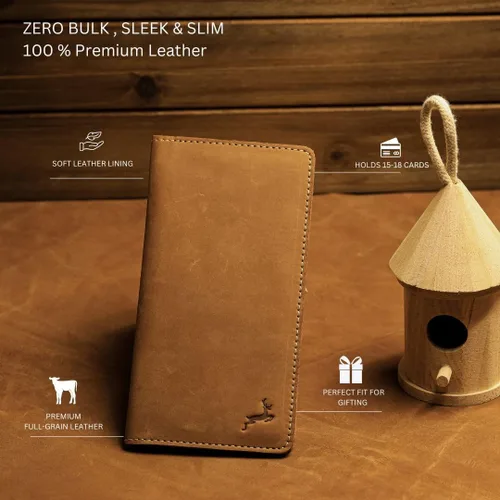 Vista 2 de DEERHANDMADE Cartera larga de piel auténtica Crazy Horse para hombres y mujeres