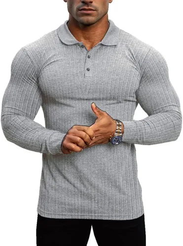 Vista 10 de Lehmanlin Men's Long Sleeve Polo Shirt Muscle Fit Cotton Top A-negro/Largo