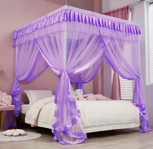 Vista 9 de Mengersi Cortina para Dosel de Cama Princesa, con 4 Esquinas, Dosel con Mosquitero para Cama de Princesa (Blanco, Doble)