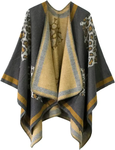Vista 27 de Chal estilo poncho de frente abierta con patrón vintage para mujer, abrigo de invierno Serie 15-negro