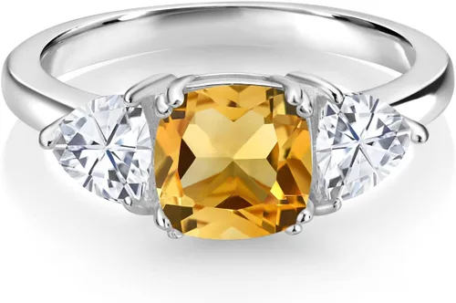 Vista 5 de 925 Sterling Silver Gemstone Birthstone and White Moissanite 3-Stone Engagement Ring for Women 7MM Cushion and 5MM Trillion Accents Three Stone