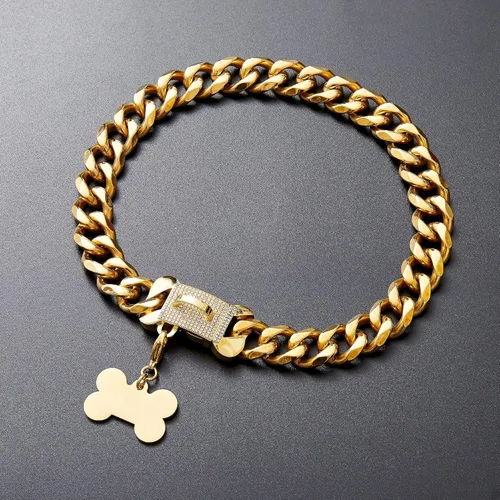 Vista 5 de Collar de acero inoxidable con eslabones de oro cubano resistente para perros pequeños, medianos y grandes, collar de perro de bulldog francés