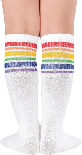 Vista 3 de Zando Calcetines deportivos de algodón con tres rayas para niños y niñas, uniforme de tubo, lindo tubo hasta la rodilla