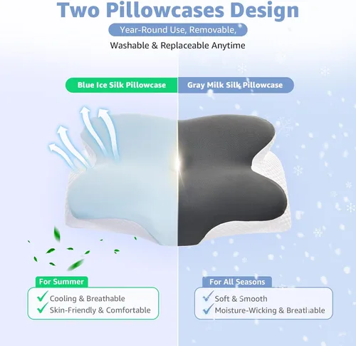 Vista 2 de Almohada cervical para aliviar el dolor de cuello, almohada ergonómica de espuma viscoelástica con 2 fundas de almohada, soporte ortopédico
