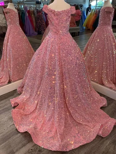 Vista 2 de Vestidos de lentejuelas con hombros descubiertos para boda, vestidos brillantes para concursos, vestido de baile, vestido de princesa para niños