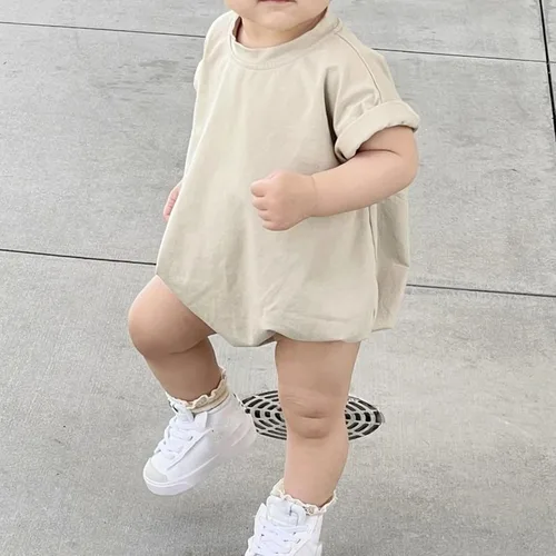 Vista 2 de AEEMCEM Unisex Baby Boy Girl Solid Color Short Sleeve Bubble Romper Oversized T-Shirt Romper Bodysuit Top Summer Clothes