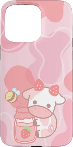 Vista 30 de Funda Kawaii para iPhone 12, diseño de vaca fresa, color rosa