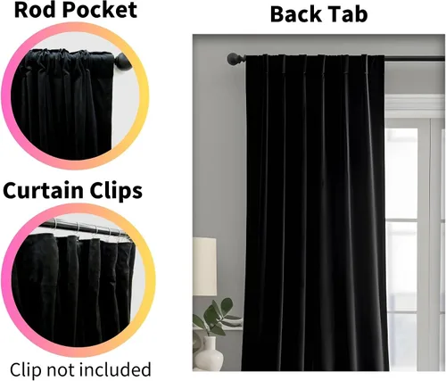 Vista 3 de Cortinas opacas de terciopelo negro para sala de estar, 52 pulgadas de ancho x 63 pulgadas de largo, cortinas opacas de lujo para dormitorio