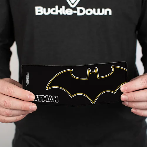 Vista 4 de Buckle-Down Billetera de DC Comics para hombre, plegable, con logotipo de murciélago de Batman, primer plano, negro, blanco, amarillo, cuero vegano