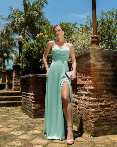 Vista 5 de Vestidos de dama de honor con tirantes delgados para mujer, largos con abertura y cuello vuelto, acampanado, de gasa, vestidos formales de graduación