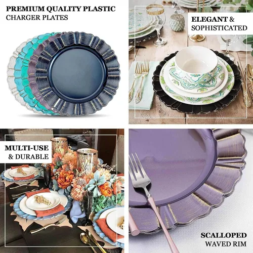 Vista 4 de Efavormart Paquete de 6 Cargadores de Platos de Cena de Plástico Acrílico Beige de 13" con Borde Festoneado Ondulado Cepillado en Dorado