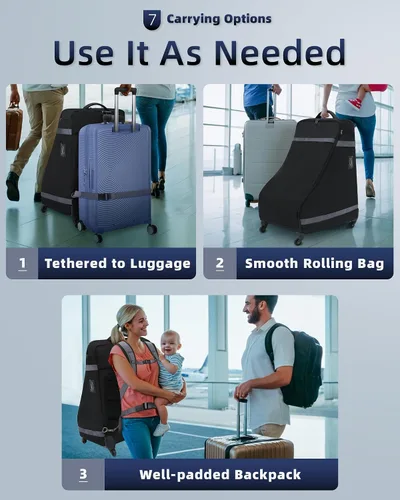Vista 7 de Bolsa de asiento de coche mochila con ruedas para viajes aéreos, funda acolchada extra grande para asiento de automóvil, bolsa de control de puerta