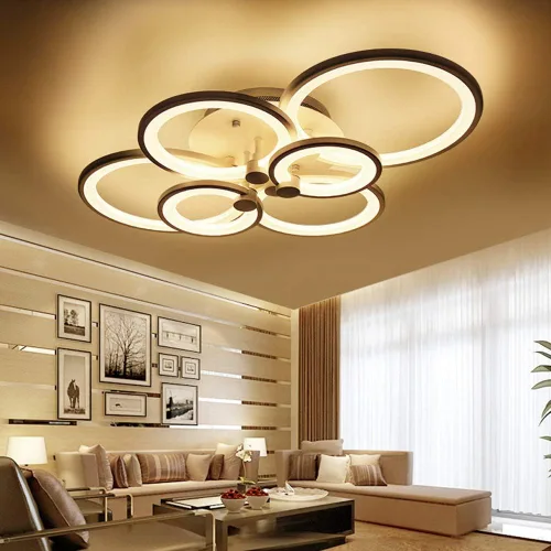 Vista 4 de Lámpara de techo moderna LED de 6 cabezales con anillo circular con control remoto, lámpara de montaje empotrado, lámpara acrílica regulable de 3