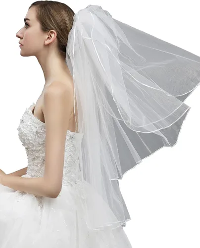 Vista 3 de Velos de novia cortos para mujer con peine de 3 niveles de tul de Halloween velo de novia