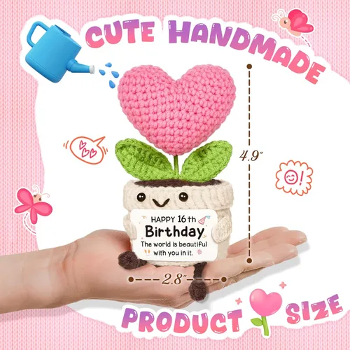Vista 3 de Regalos de cumpleaños número 16 para niñas, flor de corazón rosa de ganchillo hecha a mano, regalos de dulces 16 para niñas, decoraciones