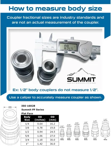 Vista 5 de Summit Hydraulics 1/2" Acopladores Hidráulicos de Conexión Rápida de Cara Plana para Dirección de Patín Bobcat Set con Tapas Antipolvo