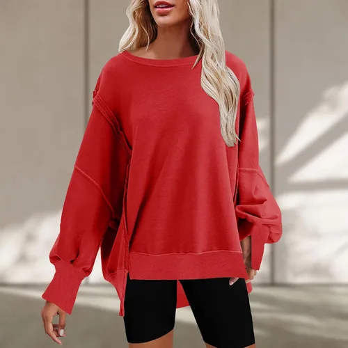 Vista 5 de Ceboyel Sudadera de gran tamaño para mujer 2023, color sólido, cuello redondo, suéter con abertura lateral, cómodo ropa de moda de otoño