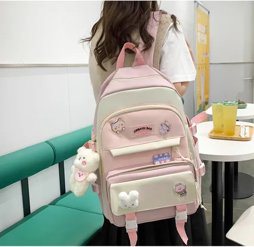 Vista 5 de Juego de 5 mochilas kawaii lindas con alfileres colgantes de oso de retazos, diseño de conejito de anime japonés, Rosado, Japonés
