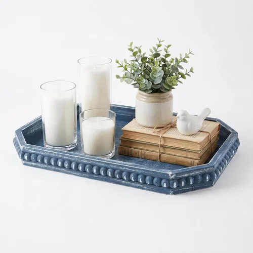 Vista 8 de Hrastany Bandeja de Servir Rústica de Madera con Cuentas, Bandeja Decorativa de Granja en Negro para Centro de Mesa, Decoración Navideña de Boda