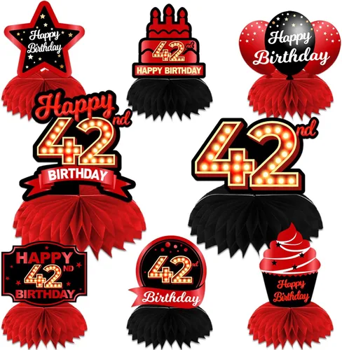 Vista 92 de Feliz 45 cumpleaños rojo y negro centros de mesa de panal de abeja decoraciones de globos decoración de mesa centros de mesa para niñas mujeres