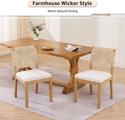 Vista 7 de ODUSE-DAILY Juego de 2 sillas de comedor French Country color beige, sillas de comedor de madera bohemia con respaldo tejido y asiento tapizado