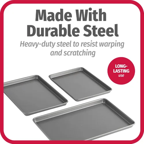 Vista 5 de GoodCook Everyday - Juego de 3 bandejas de acero al carbono antiadherentes para hornear, pequeñas de 13 x 9 pulgadas, medianas de 15 x 10 pulgadas