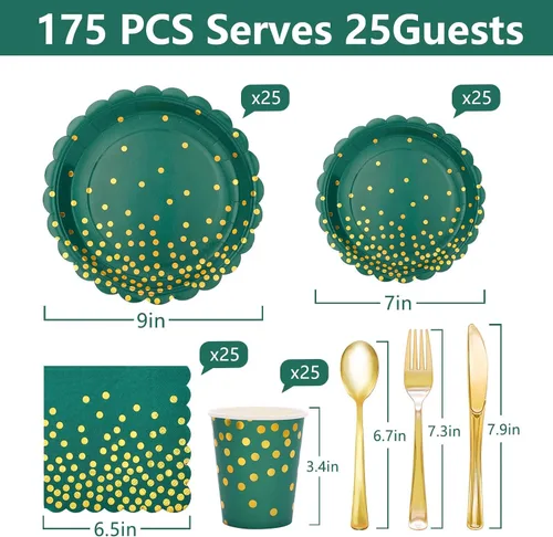 Vista 2 de 175 piezas de decoración de fiesta verde y dorada - Suministros de fiesta con platos y servilletas verdes - Platos de papel festoneados