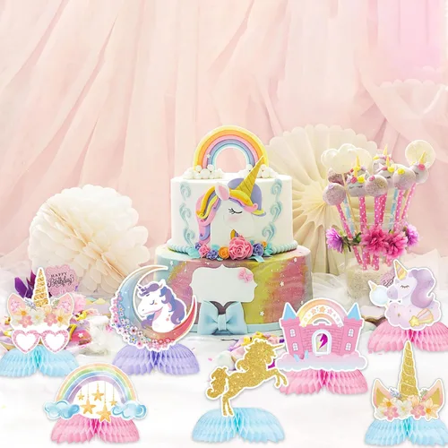 Vista 3 de Decoraciones de cumpleaños de unicornio, 9 piezas de centro de mesa de unicornio arcoíris con panal de abeja, decoraciones de mesa para niños