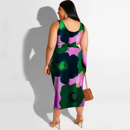 Vista 2 de MRSFITOK Conjunto de 2 piezas para mujer de talla grande, sexy, vestido a media pierna, sin mangas, camiseta sin mangas, falda entallada, conjunto