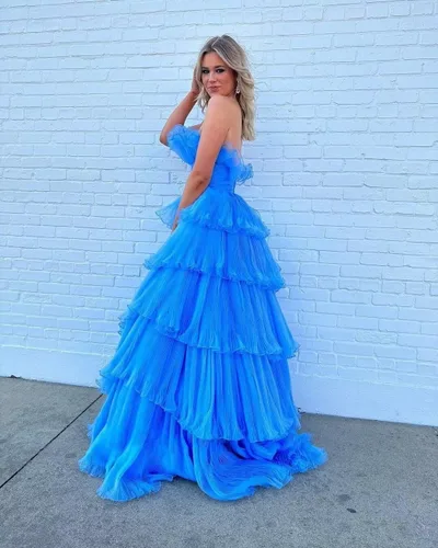 Vista 5 de TIRAS Vestidos de fiesta sin tirantes con volantes largos y escalonados de tul vestido de baile de princesa formal vestidos de noche para mujeres