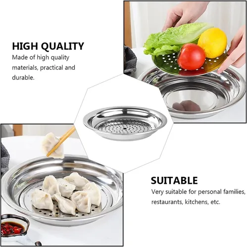 Vista 8 de Hemoton Plato de bola de masa hervida de acero inoxidable, platos de drenaje redondo para servir postres, platos de pasta, salsa para pizza, filete