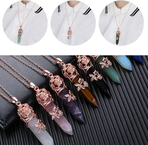Vista 7 de Regalo para mujeres y hombres, collar hexagonal de cristal curativo, con diseño de amatista, con colgante de cuarzo envuelto en flores de amatista