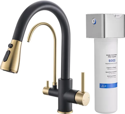 Vista 9 de GIMILI Grifo de cocina 3 en 1 de acero inoxidable negro con sistema de filtro de agua debajo del fregadero, reduce el plomo, cloro, mal sabor