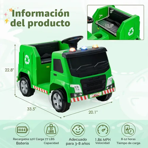 Vista 7 de GLACER Coche de paseo para niños, camión de basura de 12 V con control