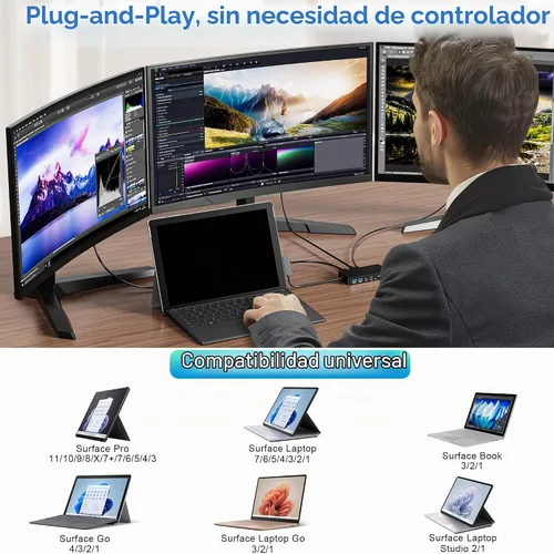 Vista 5 de Surface Dock, 12 en 1 pantallas triples VGA + Dual HDMI Surface Pro Dock, estación de acoplamiento de superficie para Surface Pro
