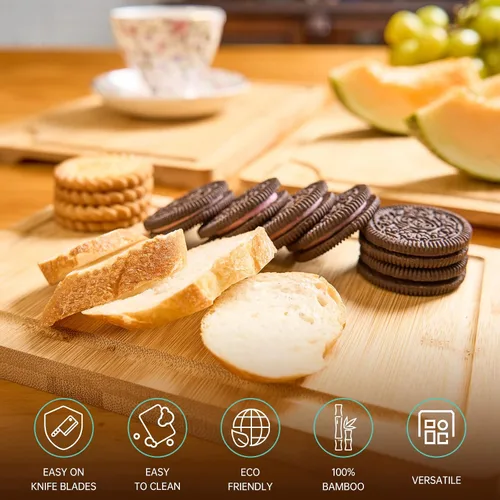 Vista 3 de Tablas de cortar de bambú para cocina, tabla de cortar de madera con soporte, juego de tablas de cortar de bambú reversible con ranuras para jugo