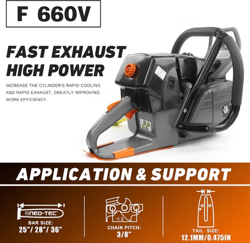Vista 2 de Motor de motosierra a gas F660V 92cc versión de gama alta, 5.2KW 7HP con bujía NGK, carburador Walbr, apto para barra de 25/28/36/42 pulgadas, apto